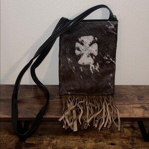 Brown Crossbody Cowhide Cross Bag with Fringe